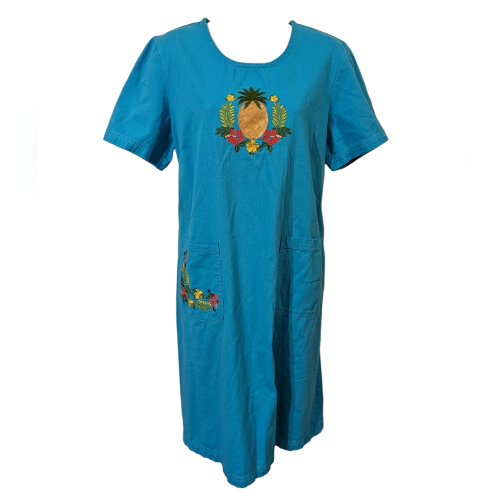 Vintage Blair House Dress Lounge Teal Blue Pineapple Floral Size Medium